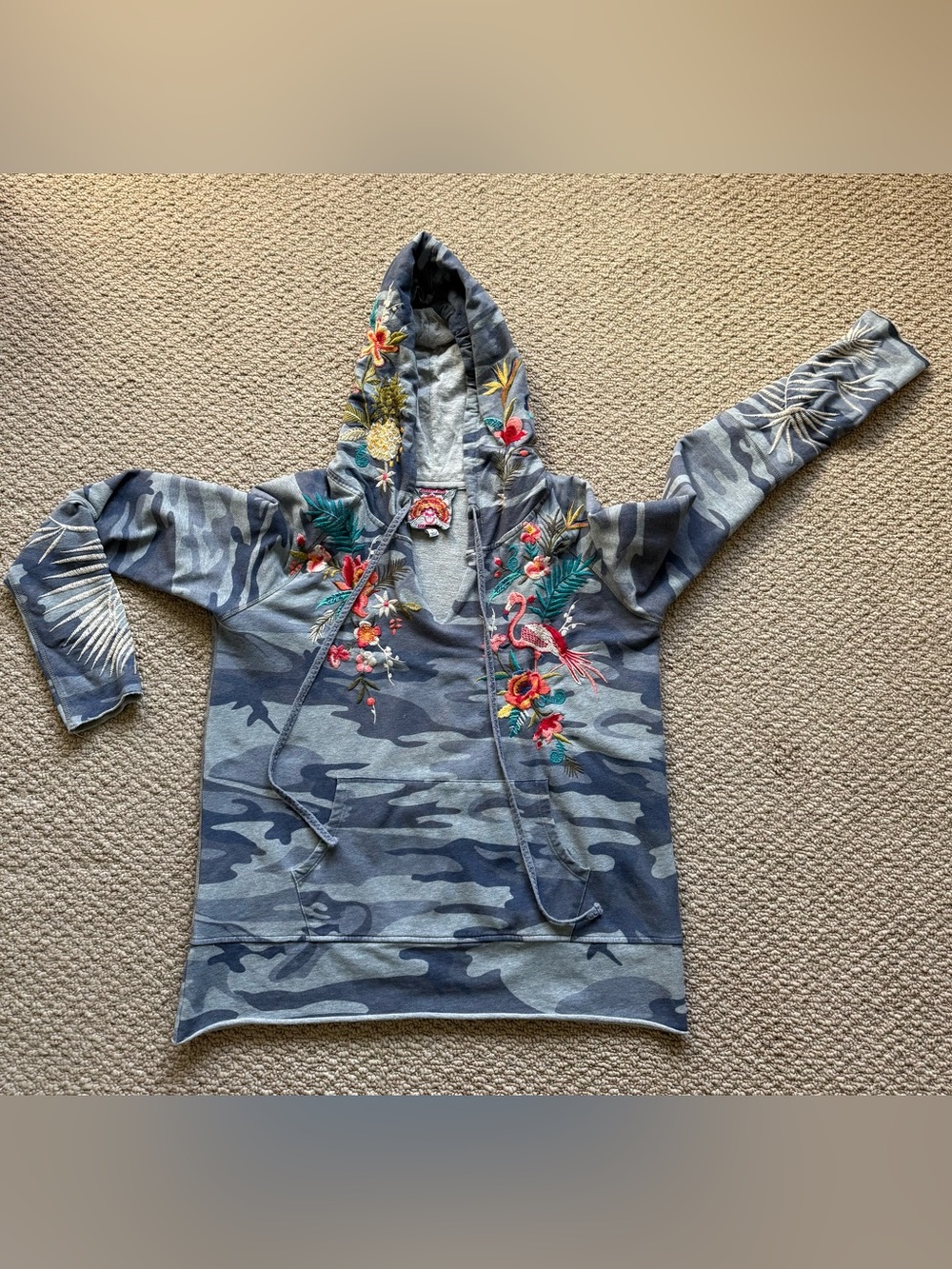 Pink and Gold Embroidered Floral Patch Jacket with Gray Camo